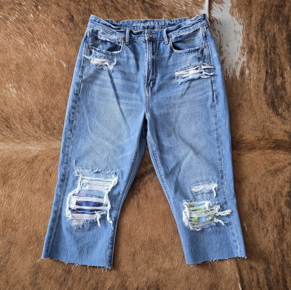 American Eagle Outfitters Blue Ankle Cropped Jeans with Distressed Details